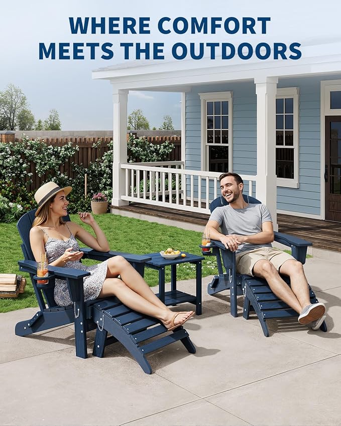 Garvee Folding Adirondack Chair with Ottoman, HDPE Outdoor Patio Chair with Cup Holder, All Weather Resistent Wooden Textured for patios, Decks, Gardens, fire Pit, Navy Blue