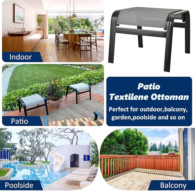Outdoor Patio Ottoman Seat Textilene Portable Metal Footstool Portable Footrest Patio Chairs 2 Set Grey - Photo 6