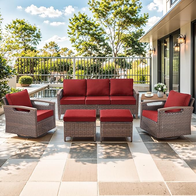 Luxury 6 Piece Heavy Duty Patio Furniture Set with Swivel Chairs - All Weather Wicker Comfort Thick Cushion Outdoor Conversation Set with 3 Seat Sofa & Ottoman for Porch Poolside Deck - Red