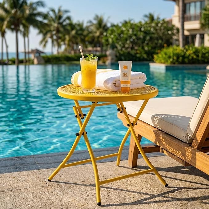 TeoKJ Folding Outdoor Side Tables, Anti Rust Small Patio Table Round Metal Nightstand with Flower Cutouts for Porch Yard Balcony Deck Lawn, Yellow