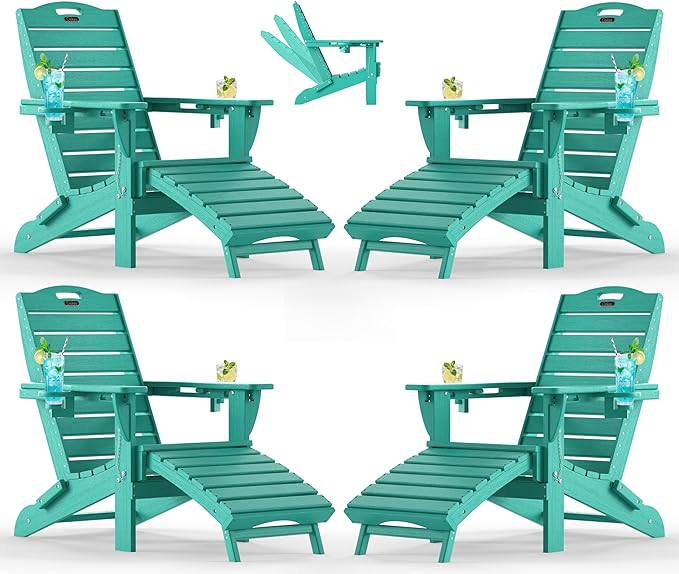 Ciokea Folding Adirondack Chair Set of 4 with Retractable Ottoman Fire Pit Patio Chair with Pull Out Foot Rest Weather - Photo 1