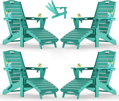Ciokea Folding Adirondack Chair Set of 4 with Retractable Ottoman Fire Pit Patio Chair with Pull Out Foot Rest Weather Resistant Lawn Outdoor Chair with 2 Cup Holder (Lake Blue)