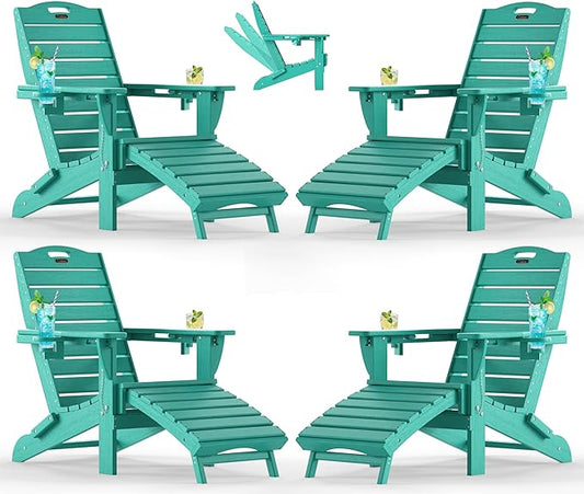 Ciokea Folding Adirondack Chair Set of 4 with Retractable Ottoman Fire Pit Patio Chair with Pull Out Foot Rest Weather Resistant Lawn Outdoor Chair with 2 Cup Holder (Lake Blue)