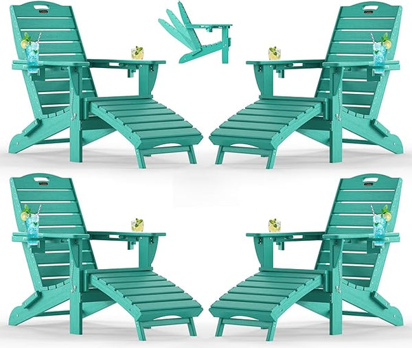 Ciokea Folding Adirondack Chair Set of 4 with Retractable Ottoman Fire Pit Patio Chair with Pull Out Foot Rest Weather - Photo 1