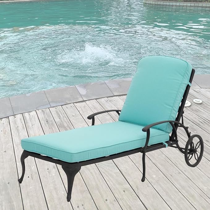 Chaise Lounge Outdoor Chair with Wheels, Adjustable Reclining Rust-Resistant Aluminum Cast Poolside Chaise Lounge Furniture with Waterproof Blue Cushion (1pc)