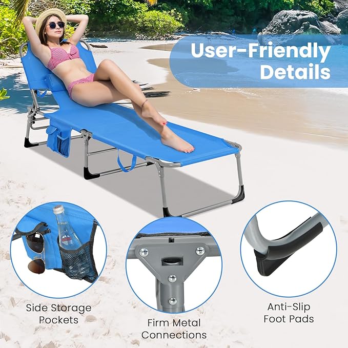 Goplus Tanning Chair, Folding Adjustable Patio Lounge Chair with Face Hole, Removable Pillow, 330LBS, Carry Strap, Outdoor Sunbathing Chair, Lightweight Portable Beach Lounge Chair (2, Navy)