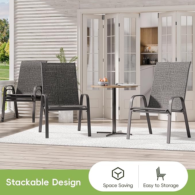 Patio Chairs Set of 2, Outdoor Dining Chairs Stackable for All Weather, Breathable Metal Modern Outside Furniture Chair for Pool Side, Garden, Backyard Deck, Dark Grey