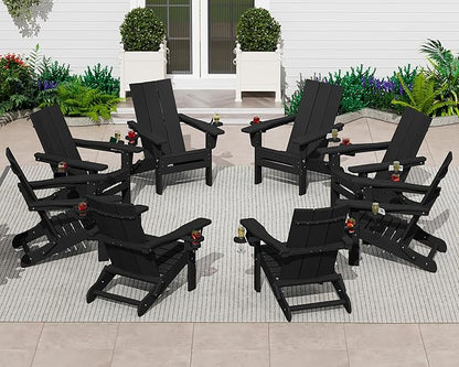 SERWALL Adirondack Chair Set of 6 with Dual Cup Holders, Folding Modern Adirondack Chairs, HDPE Outdoor Adirondack Chair for Patio, Black