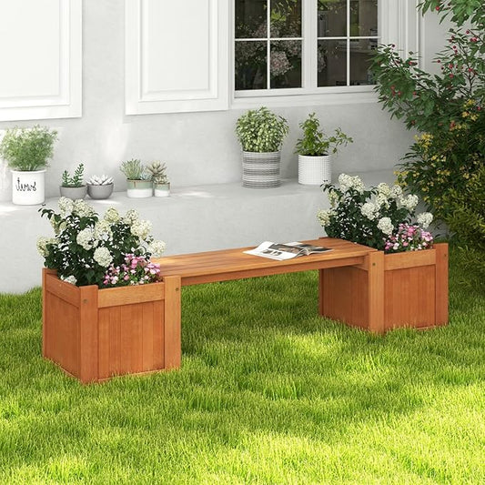 Moccha Wood Garden Bench with Planter Boxes, Raised Garden Bed with Open-Ended Base, Teak Oil Finish, Patio Planter Box Bench, Outdoor Plant Container for Garden, Yard, Lawn, Balcony, DIY Assembly
