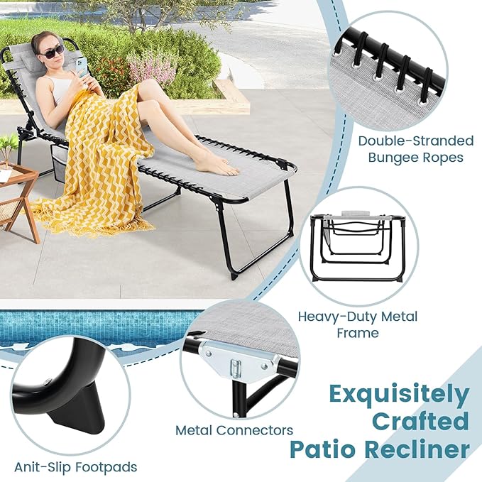 Goplus Chaise Lounge Chair Outdoor, Folding 5-Postion Beach Lounger with Detachable Pillow, Side Pocket, Sunbathing Lounge Chair, Adjustable Tanning Chair for Patio Lawn Pool Yard