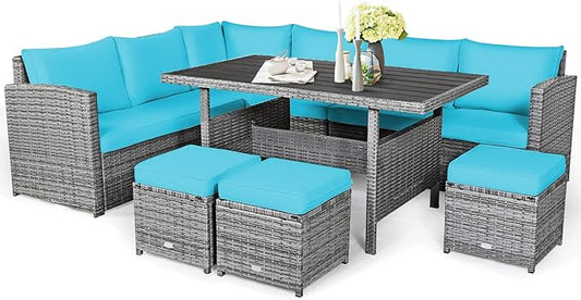 COSTWAY 7 PCS Wicker Outdoor Conversation Set, Patio Sectional Furniture Sofa Set with Table & Seat Cushions, Rattan Furniture Sets for Backyard Garden Poolside Porch, Turquoise