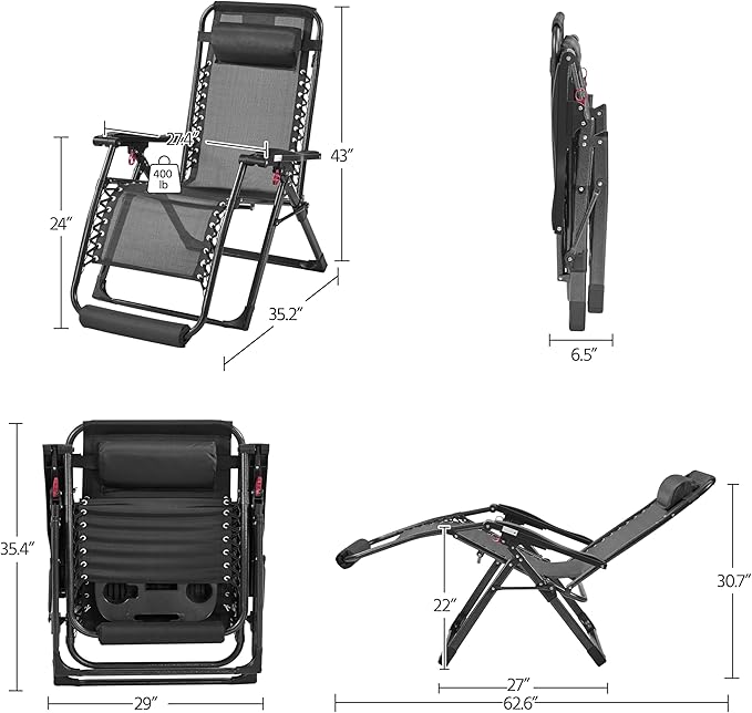Yaheetech 29" Zero Gravity Chair Folding Reclining Lounge Recliner with Removable Pad & Headrest & Side Cup Holder Tray for Indoor and Outdoor Dark Gray/1