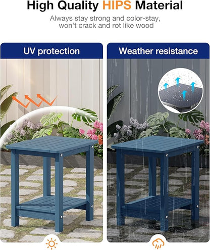 YEFU Outdoor Side Table for Patio: 16" HIPS Weather - Resistant Adirondack Tables Set of 2 - Small Square End Tables for Backyard Pool Porch Balcony - Indoor Outdoor Double Layer Table Navy Blue Blue