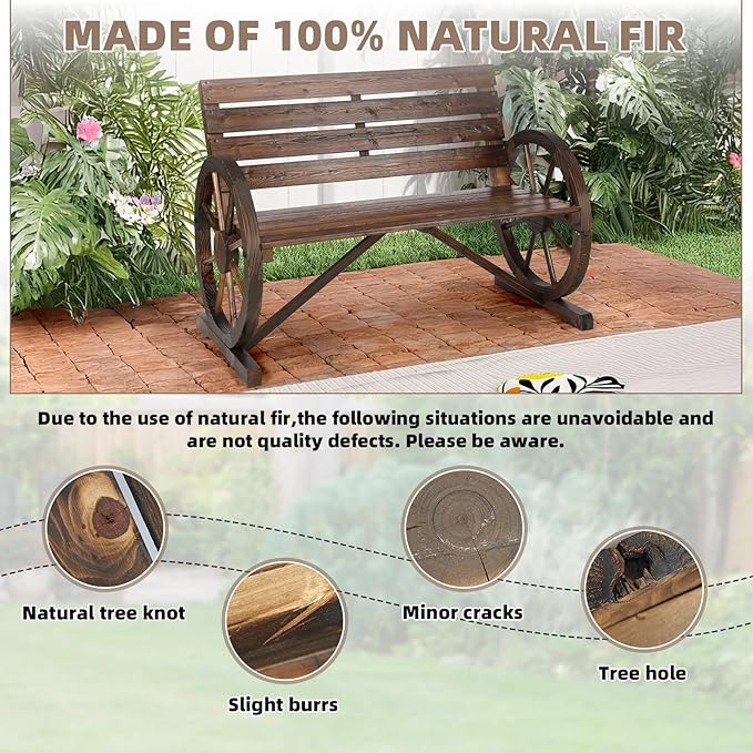 Wooden Wagon Wheel Bench, 2-Person Solid Wood Garden Bench, Rustic Wooden Seat Wagon Wheel Bench Patio Loveseat W/Slatted Backrest, Outdoor Garden Bench for Lawn Yard Porch Park