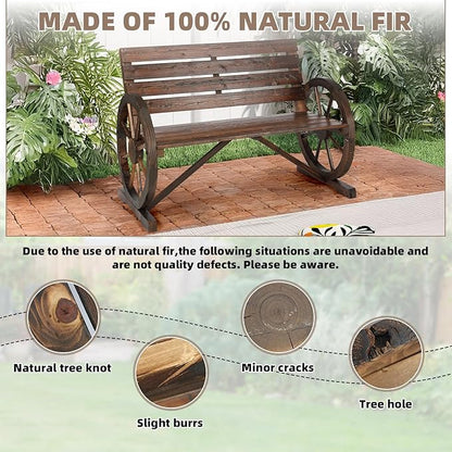 Wooden Wagon Wheel Bench, 2-Person Solid Wood Garden Bench, Rustic Wooden Seat Wagon Wheel Bench Patio Loveseat W/Slatted Backrest, Outdoor Garden Bench for Lawn Yard Porch Park