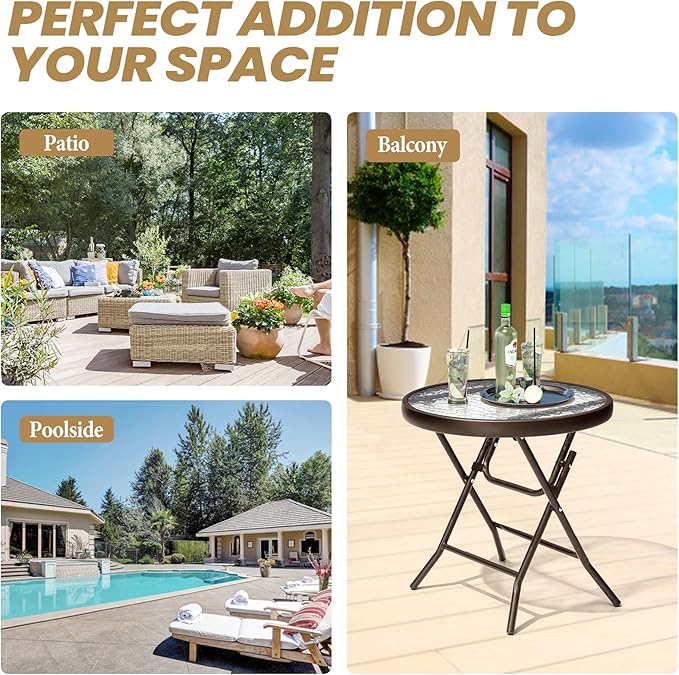 Foldable Patio Side Table Set of 2 with Tempered Glass Top 18" Folding Outdoor Side Tables Set of 2 Small Glass Patio - Photo 6