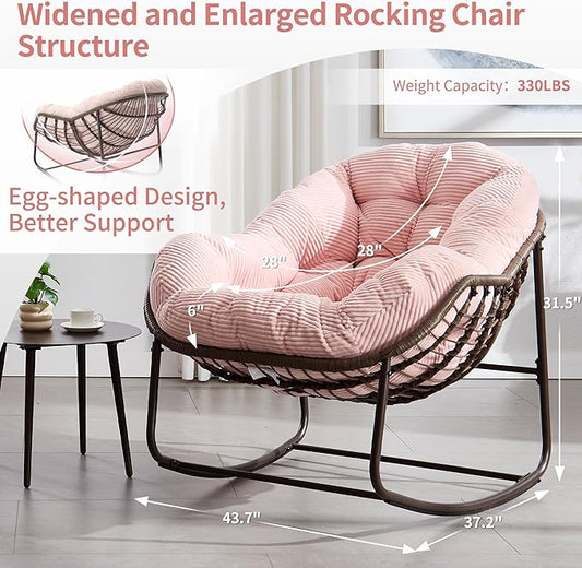 HOMEFUN Outdoor Patio Rocking Chairs, Oversized Papasan Rock Chair Indoor with Striped Velvet Padded Cushion - Rocker Egg Seat for Front Porch, Garden, Patio, Backyard Pink