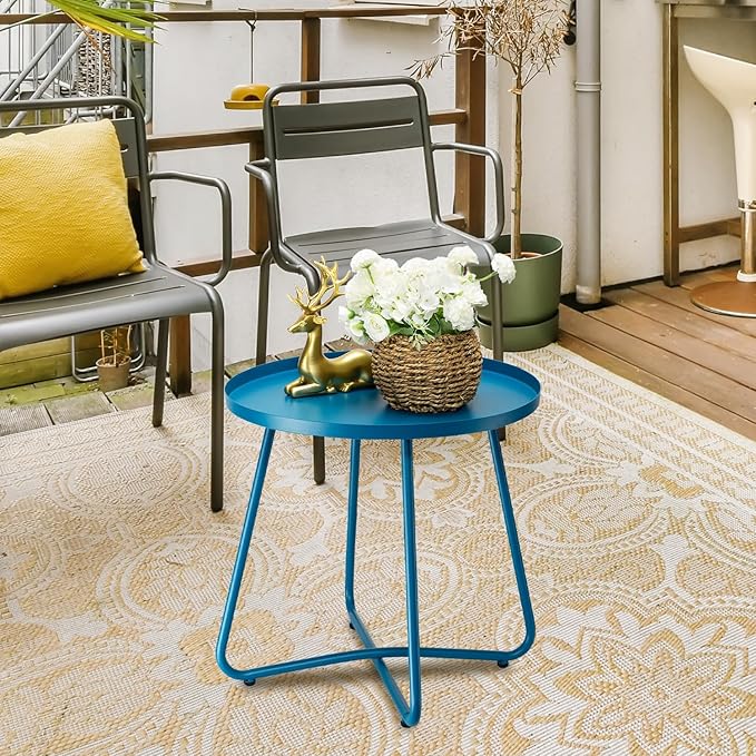 danpinera Outdoor Side Tables, Weather Resistant Steel Patio Side Table, Small Round Outdoor End Table Metal Side Table for Patio Yard Balcony Garden Bedside (Blue)