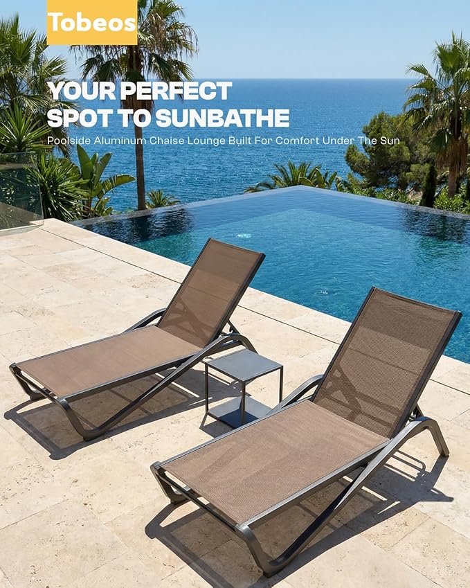 Outdoor Chaise Lounge Chair Set of 2, 5-Position Adjustable Patio Lounge Chair with Aluminum Frame, Textilene Fabric Pool Loung Chairs for Poolside, Deck, Backyard (Khaki)