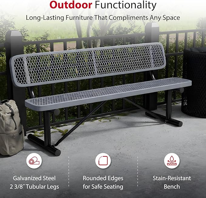 Leisure Craft Metal Outdoor Bench with Back - 6 Foot Heavy Duty Bench Seating for Garden, Porch, Picnic, Park, Expanded Metal, Thermoplastic Coating, Commercial Grade Furniture Made in USA - Gray