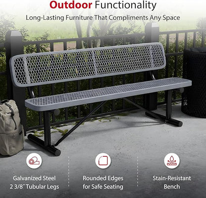 Leisure Craft Metal Outdoor Bench with Back - 6 Foot Heavy Duty Bench Seating for Garden, Porch, Picnic, Park, Expanded Metal, Thermoplastic Coating, Commercial Grade Furniture Made in USA - Gray