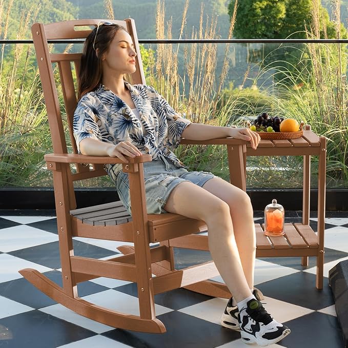 Plawdlik Oversized Outdoor Rocking Chair - All-Weather Resistant,HDPE Heavy Duty Patio Rockers with High Back - Perfect for Porch,Garden,Modern Style Set of 2-Teak
