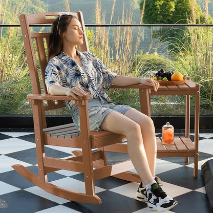 Plawdlik Oversized Outdoor Rocking Chair - All-Weather Resistant,HDPE Heavy Duty Patio Rockers with High Back - Perfect for Porch,Garden,Modern Style Set of 2-Teak