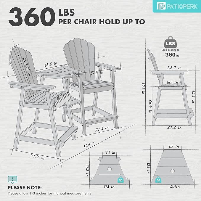 Tall Adirondack Chair Set of 2 with Double Connecting Tray, Recycled HDPE with Wood Grain, Weather Resistant, Outdoor Adirondack Chairs for Deck, Balcony, Patio, Backyard, Black
