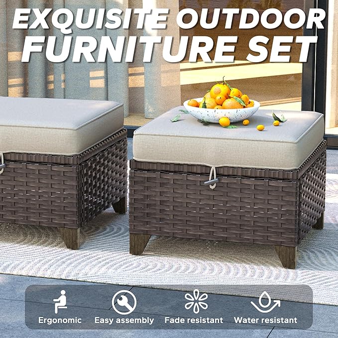 2 Pieces Patio All-Weather Wicker Ottomans with Cushions, PE Rattan Outdoor Conversation Furniture Set for Backyard - Photo 4
