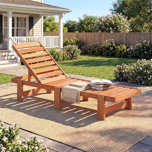 COSTWAY Solid Wood Chaise Lounge, Outdoor Lounge Chair with 5-Position Adjustable Backrest, Wooden Patio Lounger for Sunbathing, Yard, Teak Oil Finished (1)