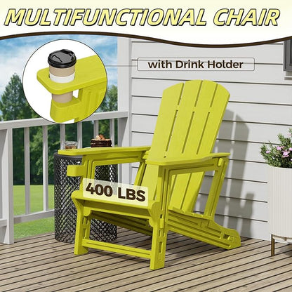 Adirondack Plastic Outdoor Chair, 400 LBS Capacity Recliner Garden Chair, Patio Chair with Cup Holder, Without Screws Install for Backyard Lawn Beach Yellow