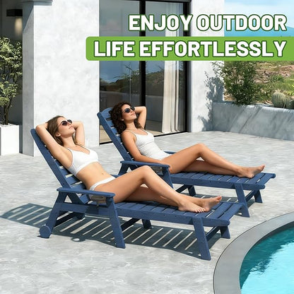 Outdoor Lounge Chairs Set of 2, 78'' Long Patio Lounge Chair HDPE 5-Position Adjustable with Cup Holder & Rolling Wheels, Pool Lounge Chair for Sunbathing Tanning, Deck, Poolside -Dark Blue