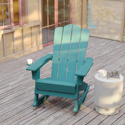 Flash Furniture Newport Adirondack Rocking Chair with Cup Holder, Weather Resistant Poly Resin Adirondack Rocking Chair, Blue