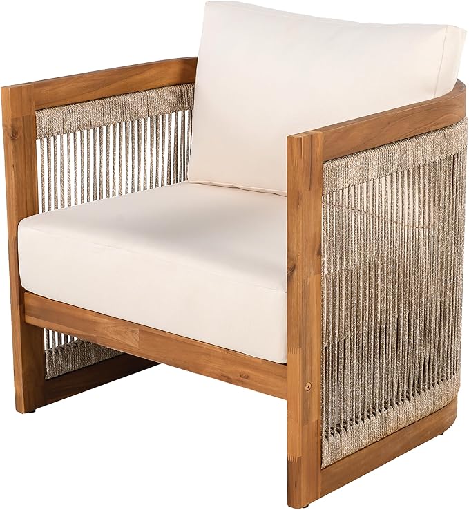 Merax Acacia Wood Outdoor Club Chair, Woven Rope Accents Design, Wooden Patio Accent Chair - Photo 3