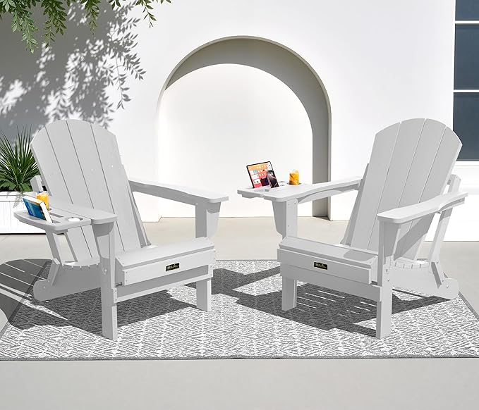SERWALL Foldable Adirondack Chair Set of 2, HIPS Adirondack Chairs with 4 in 1 Cup Holder, Weather Resistant Fire Pit Chairs for Outdoor, Patio, Garden, Lawn, Backyard - Space Grey