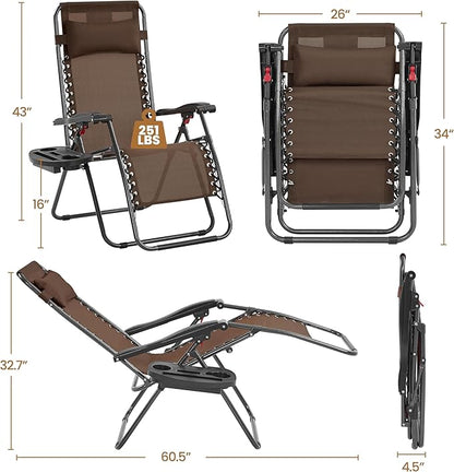 Yaheetech 26" Zero Gravity Recliners Outdoor Adjustable Folding Reclining Lounge Chairs w/Pillows, Cup Holder Trays and Carry Strap for Patio Backyard Beach Brown Set of 2