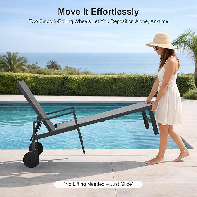 PURPLE LEAF 3 Pieces Outdoor Chaise Lounge Aluminum Patio Lounge Chair with Wheels and Armrests Outdoor Lounge Recliner Chair for Pool Backyard (2 Mixed Grey Lounges W/Side Table)