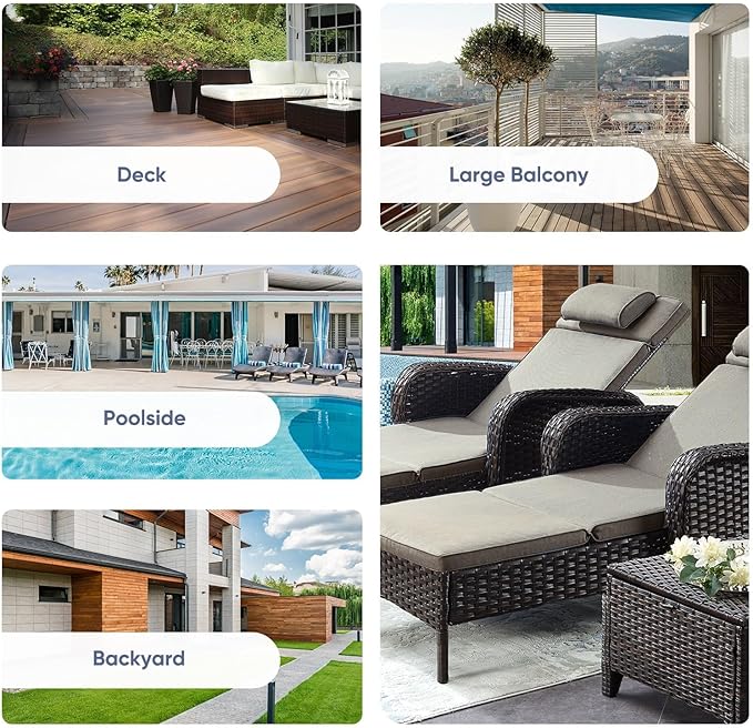 Belord 3 Piece Outdoor Chaise Lounge Patio Recliner - 75 Inch Adjustable Wicker Chaise Lounge with Soft Pillow Removable Cushions, All Weather Rattan Pool Lounge Chair Set 2 Poolside Brown/Grey