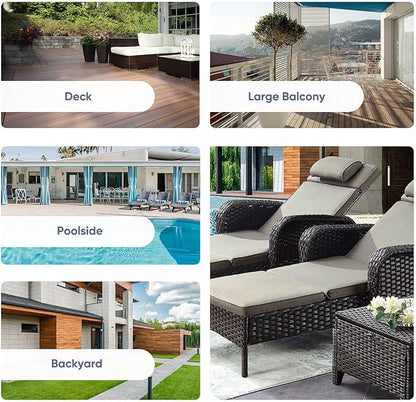 Belord 3 Piece Outdoor Chaise Lounge Patio Recliner - 75 Inch Adjustable Wicker Chaise Lounge with Soft Pillow Removable Cushions, All Weather Rattan Pool Lounge Chair Set 2 Poolside Brown/Grey