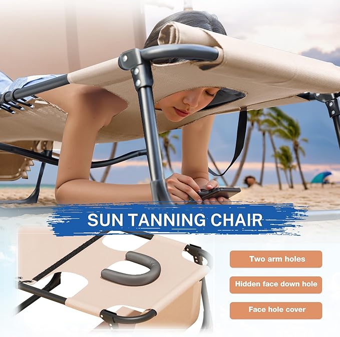 Devoko Beach Lounge Chair, Outdoor Sun Tanning Chair with Face Hole - Photo 4