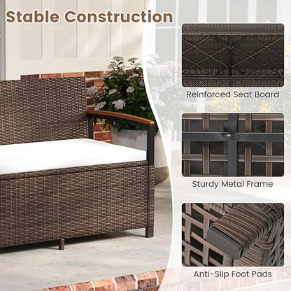 RELAX4LIFE Wicker Outdoor Storage Bench - Rattan Deck Box w/Protective Liner for Patio Furniture Pillows, Pool Supplies & Garden Tools, Porch Loveseat with Seat Cushion, Acacia Wood Armrests