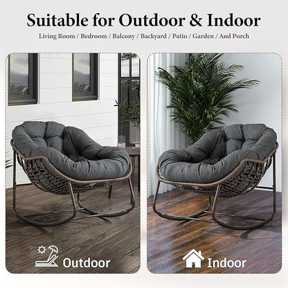 Outdoor Patio Rocking Chair, Oversized Papasan Chair with Cushion and Frame, Comfy Rattan Wicker Egg Chairs Indoor, Modern Lounge Rocker for Front Porch Living Room Bedroom (Dark Grey, Set of 1)