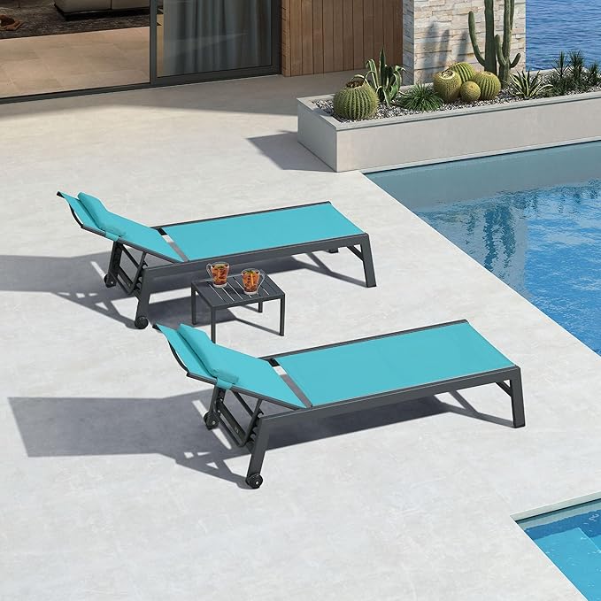 PURPLE LEAF Outdoor Lounge Chair Set Patio Chaise Pool Lounger Aluminum Frame with 2 Side Table and Wheels for Outside Sunbathing Tanning Recliner Including Pillows Turquoise Blue