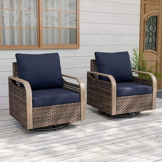 EAGLE PEAK Modern Wicker Outdoor Glider Rocking Chair, Swivel Rocker, Rattan Patio Furniture for Yard Deck Porch Garden, 2 Chairs, Brown/Blue