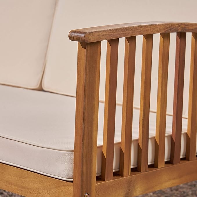 Christopher Knight Home Breenda Outdoor Acacia Wood Sofa with Cushions, Teak Finish, Cream - Photo 6