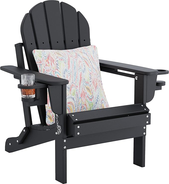 Sundale Outdoor Folding Water & Wind Proof Adirondack Chair with 2 Concealable Cup Holder and 1 Stylish Cushion/Pillow, Perfect for Outside Patio Garden Pool Yard Plastic Classic Black