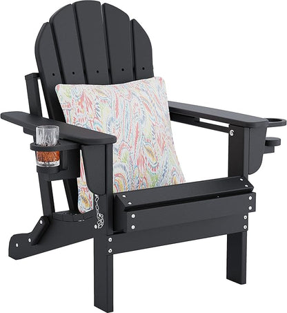 Sundale Outdoor Folding Water & Wind Proof Adirondack Chair with 2 Concealable Cup Holder and 1 Stylish Cushion/Pillow, Perfect for Outside Patio Garden Pool Yard Plastic Classic Black