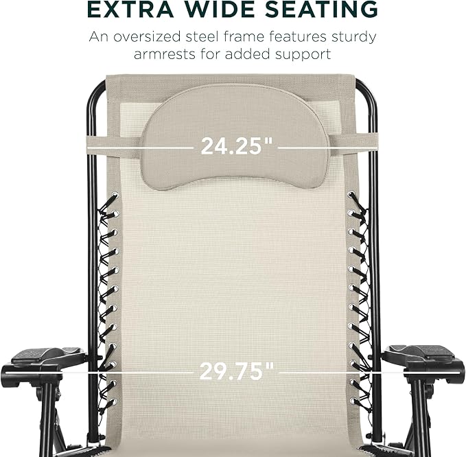 Best Choice Products Oversized Zero Gravity Chair, Folding Outdoor Patio Lounge Recliner w/Cup Holder Accessory Tray, Pillow - Ivory