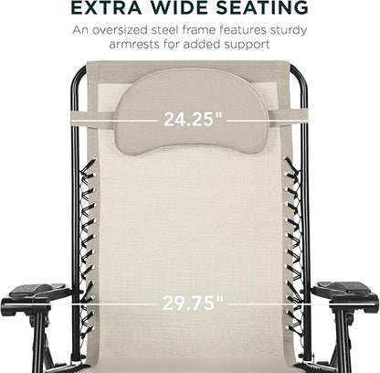 Best Choice Products Oversized Zero Gravity Chair, Folding Outdoor Patio Lounge Recliner w/Cup Holder Accessory Tray, Pillow - Ivory