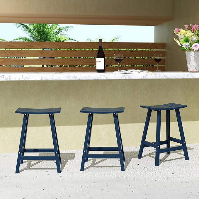 Costaelm All-Weather Bar Stools Set of 3, 24" Height Outdoor Bar Stools, Adirondack Poly Patio Bar Stool for Patio, Deck, Kitchen Counter and Garden, Navy Blue